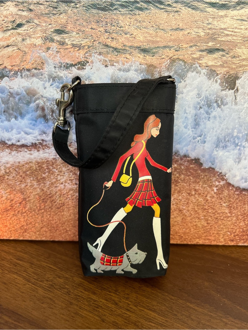Black Crossbody Travel Pouch with Fashion Girl & Dog Print